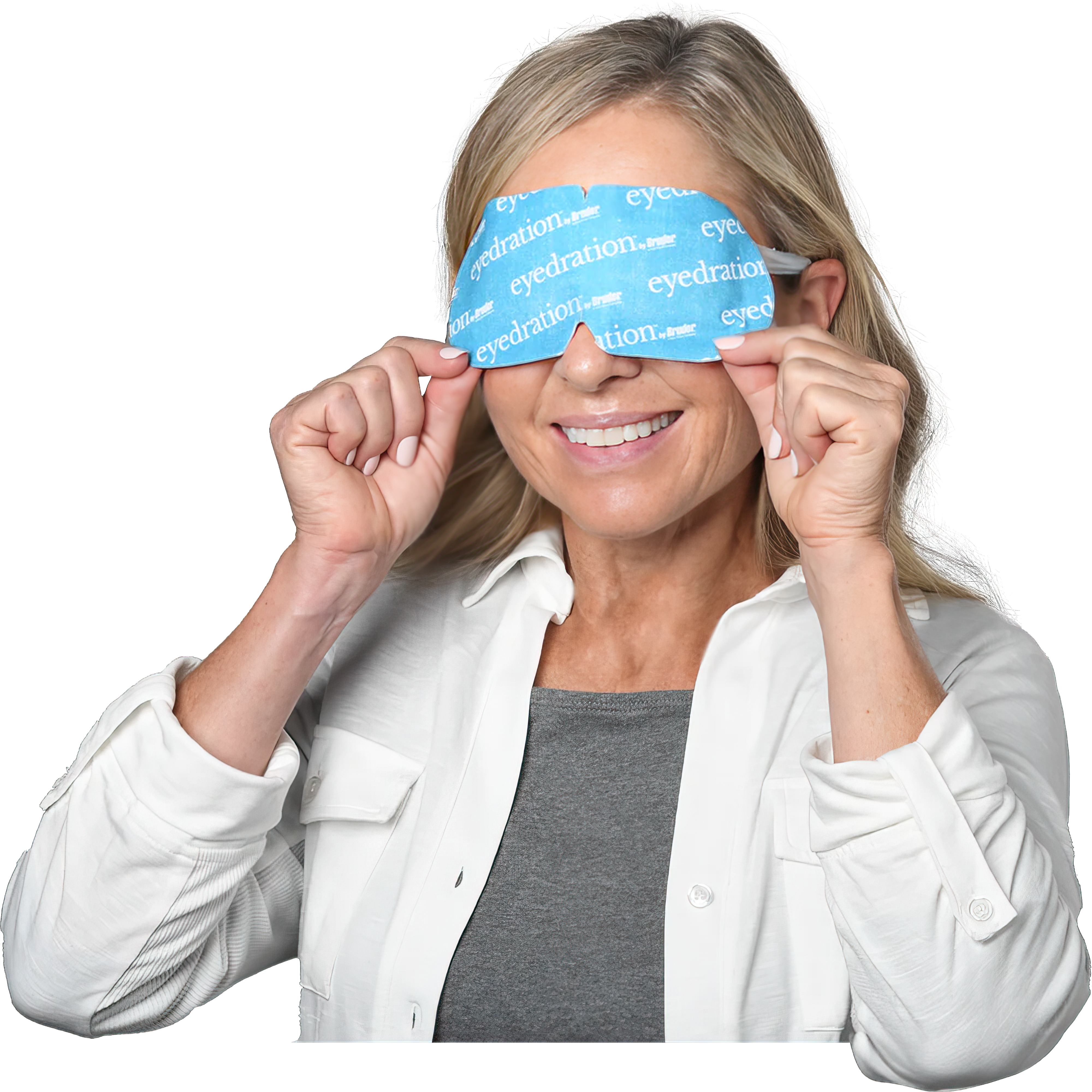 A woman with long blonde hair smiles while holding a blue eye mask partially covering her eyes. She is wearing a white shirt over a gray top. The eye mask has the word eyedration printed on it.