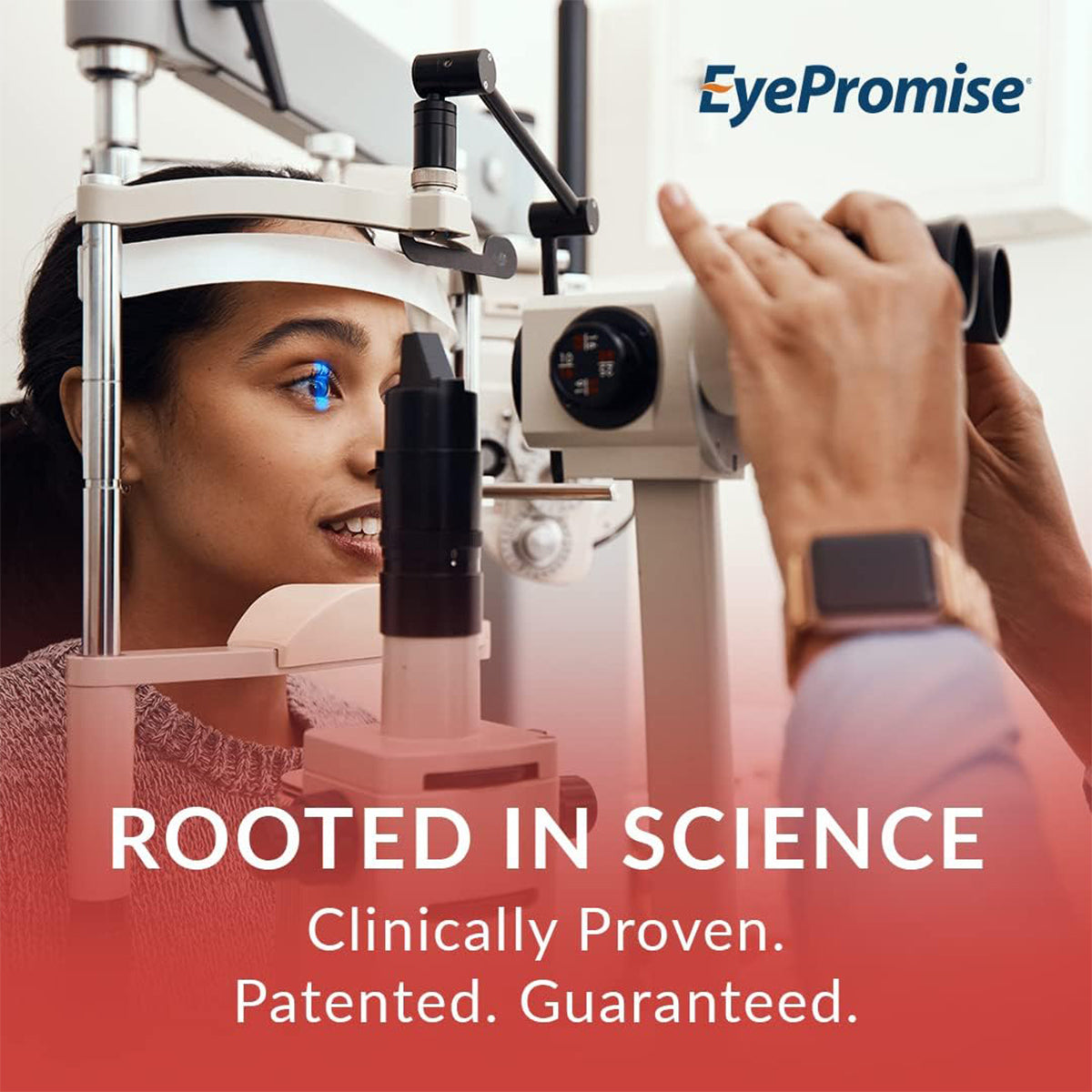 A young woman undergoes an eye exam with a slit lamp at a clinic, assisted by a healthcare professional. Text: Rooted in Science. Clinically Proven. Patented. Guaranteed for Vision Support. EyePromise logo, makers of EyePromise DVS Eye Vitamin for Retinal Support in Diabetic Retinopathy, in top right corner.