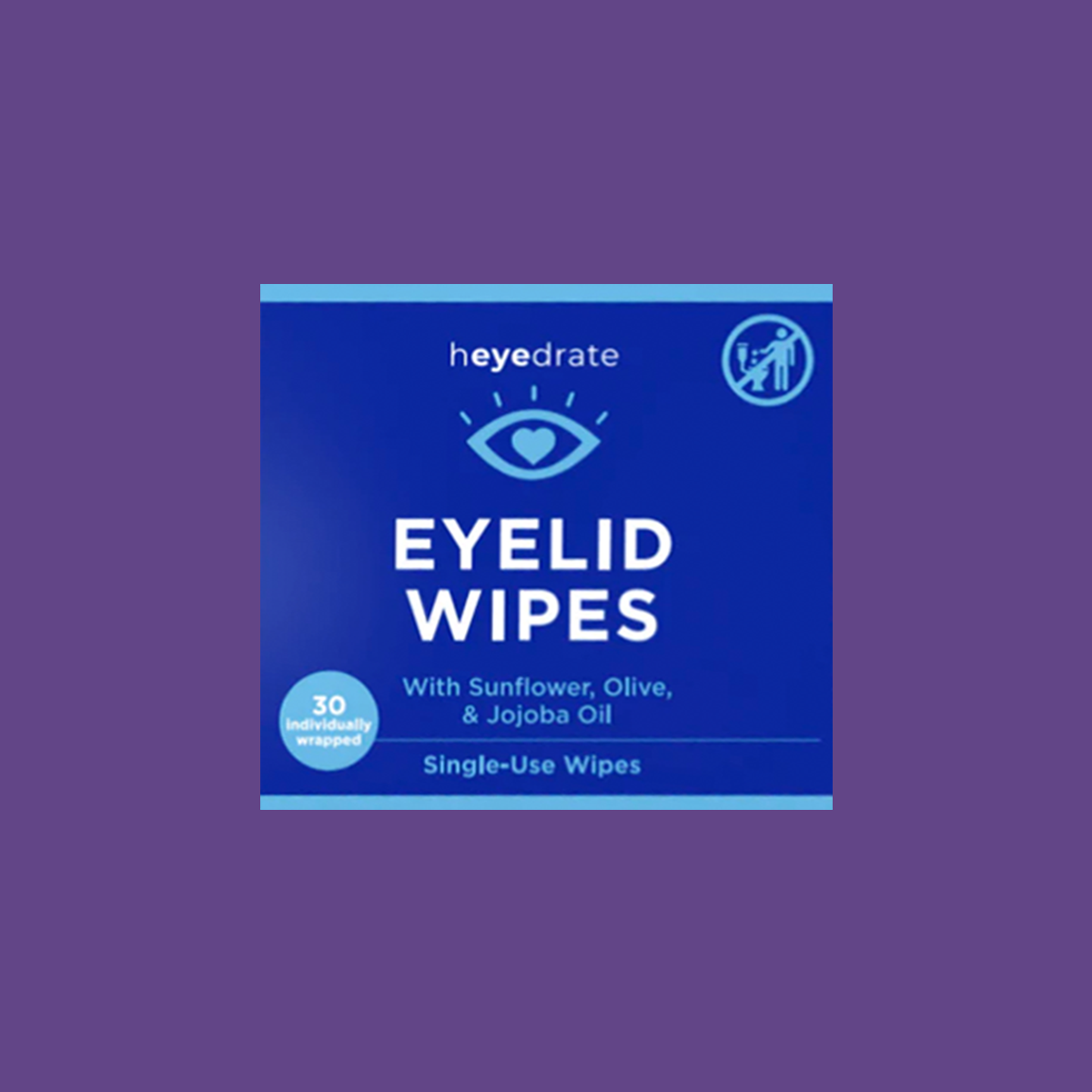 The blue square packaging of PRNs Heyedrate Eyelid Wipes - Eyelash and Facial Scrub has an eye graphic. It contains 30 individually wrapped wipes with sunflower, olive, and jojoba oils. Single-use eyelid cleanser is printed on a purple background.