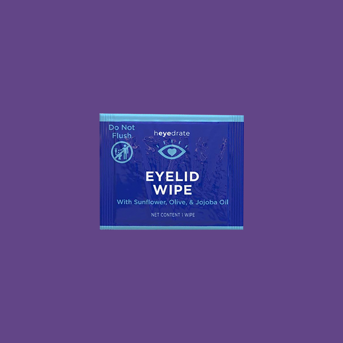 A box of 30 Heyedrate Eyelid Wipes - Eyelash and Facial Scrub by PRN on a soothing purple backdrop, showcasing its no flush feature and the nourishing benefits of sunflower, olive, and jojoba oil for superior eye care.