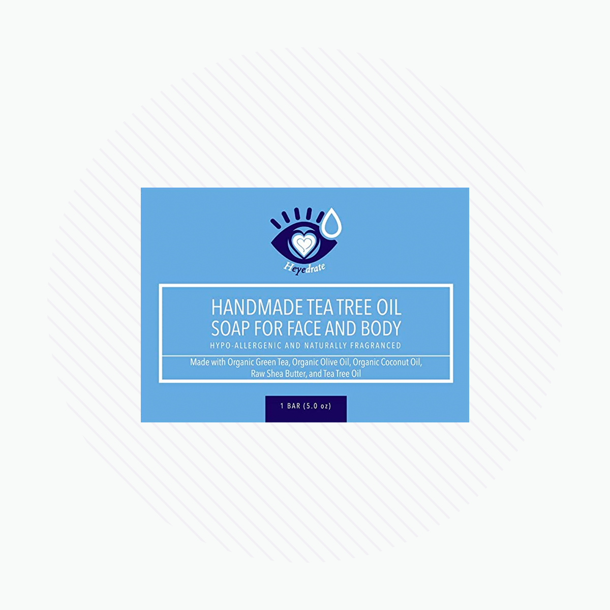 The label for PRNs Heyedrate Tea Tree Oil Face Soap and Eyelid Scrub highlights its hypoallergenic properties and natural fragrance, featuring organic ingredients like green tea, olive oil, coconut oil, and shea butter against a blue background.