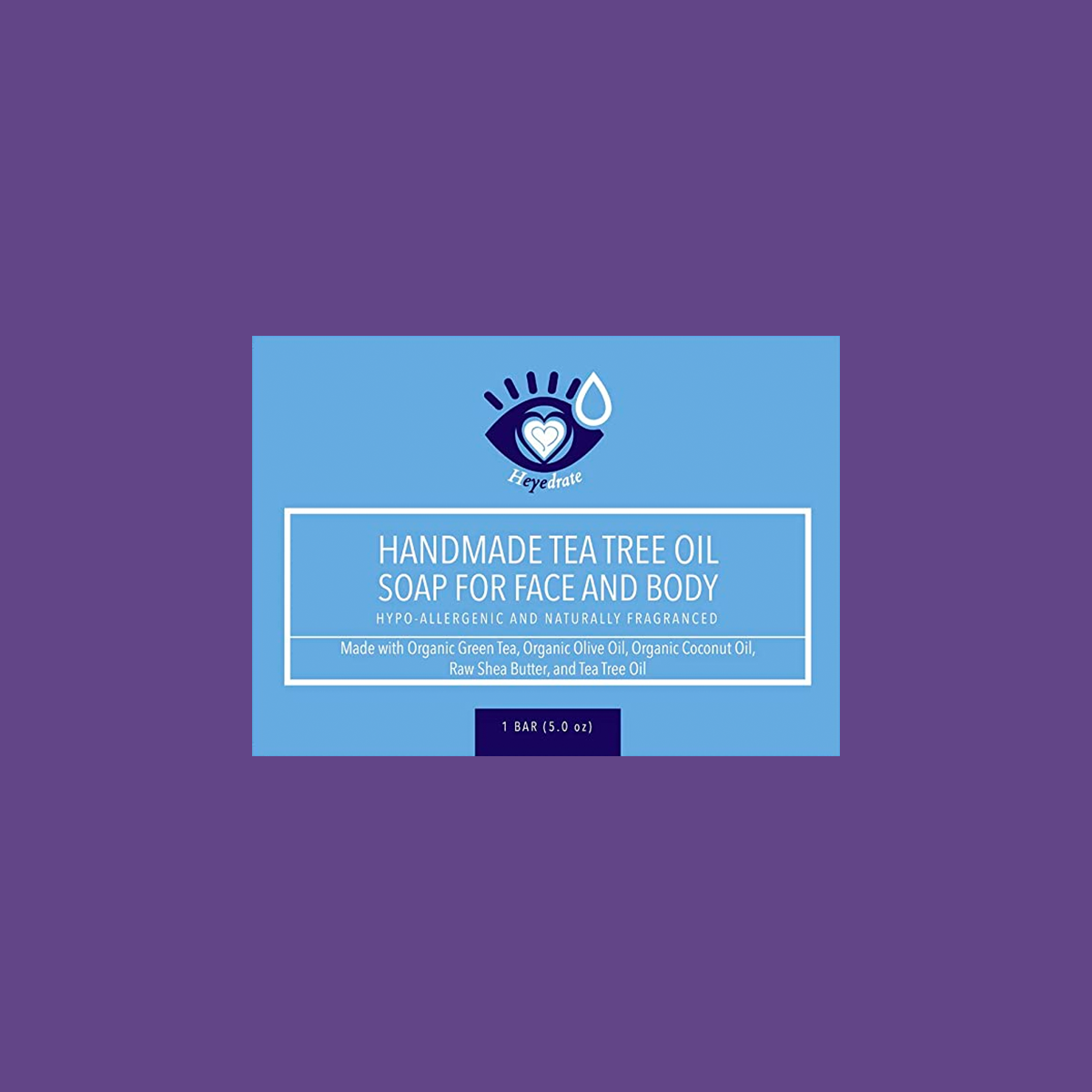 The PRN Heyedrate Tea Tree Oil Face Soap and Eyelid Scrub highlights its use as a facial and body cleanser. Its hypoallergenic, naturally fragranced, and handmade with organic green tea, olive oil, coconut oil, shea butter, and tea tree oil.