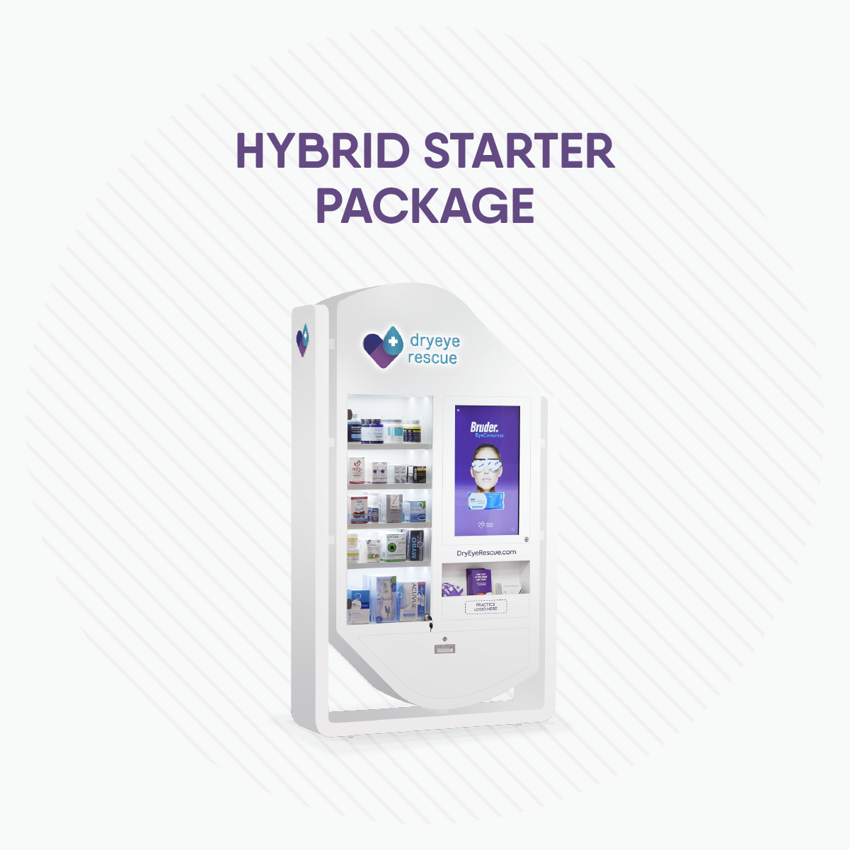 The Package D from DryEye Rescue features a stunning hybrid standing floor display, showcasing eye care products and includes sleek marketing materials, referral pads, and a patient education brochure within its modern design.