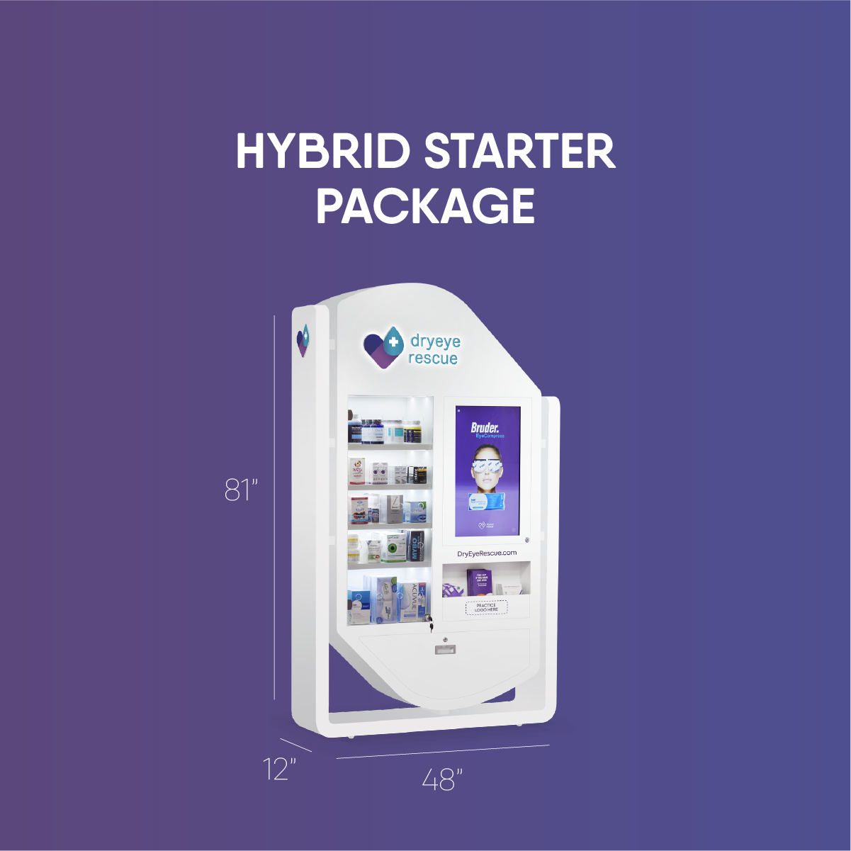 The DryEye Rescue Package D includes a hybrid standing display (81x48x12) with a digital screen, showcasing eye care products and patient brochures against purple hues.