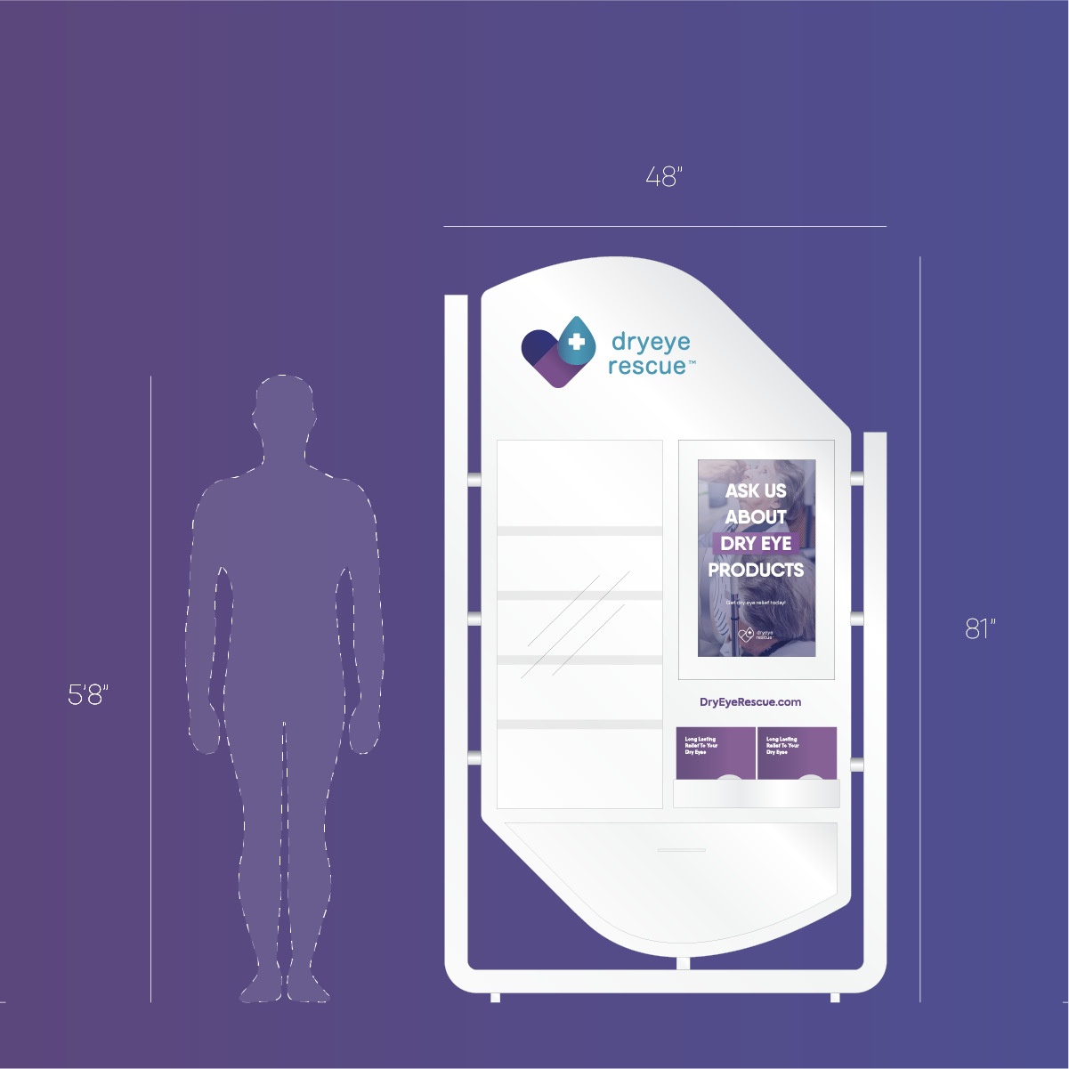 Diagram of the DryEye Rescue Standing Floor Display with wheels (Hybrid), featuring curved shelves and promotional signage. It stands 81 tall and 48 wide, with space for a small TV screen for dry eye content. A human silhouette highlights its impressive size.