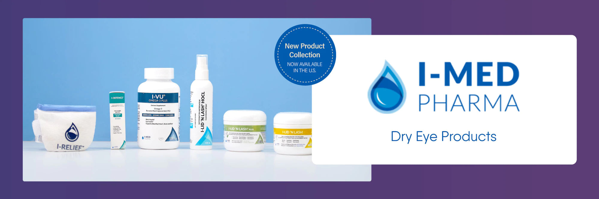 A selection of dry eye products from I-MED Pharma is displayed, including sprays, creams, and wipes. The background features a blue gradient, and a circular badge reads, New Product Collection Now Available in the US.