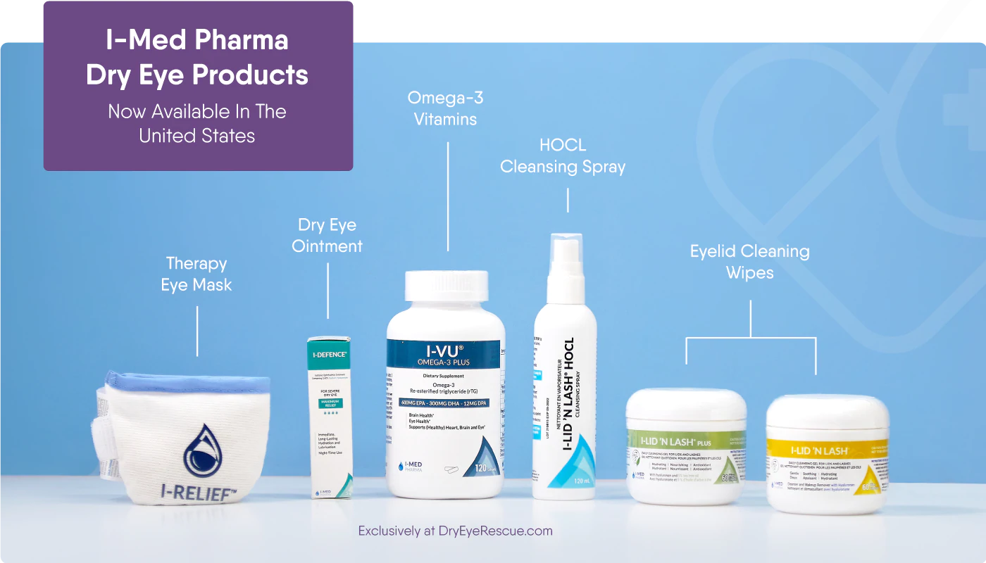 Image displaying various I-Med Pharma dry eye products, including a therapy eye mask, dry eye ointment, omega-3 vitamins, HOCL cleansing spray, eyelid cleaning wipes, and a dry eye kit, against a blue background.
