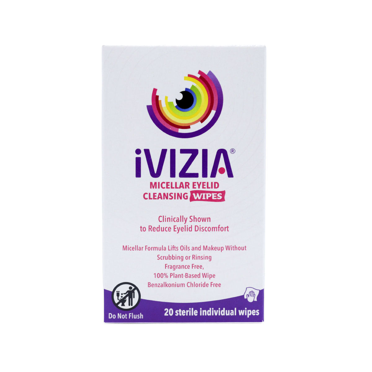 iVIZIA Eyelid Cleansing Wipes, Preservative-Free, Micellar, No Rinse, Gentle Eye Makeup Remover, 20ct