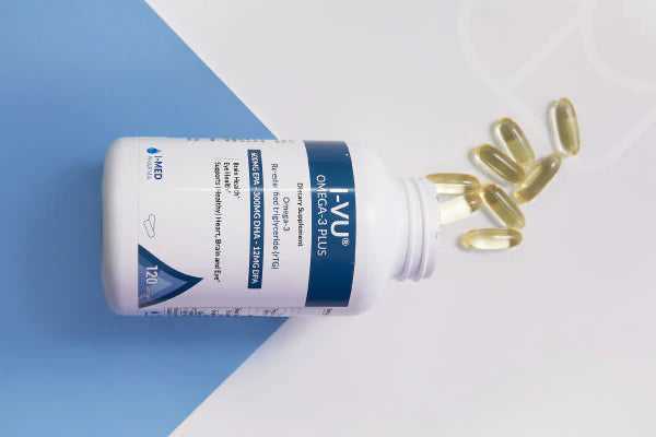 A bottle of IVU Omega-3 Plus supplement lies on its side, with capsules spilling out. The label highlights benefits for heart health. The bottle is on a white and blue background.
