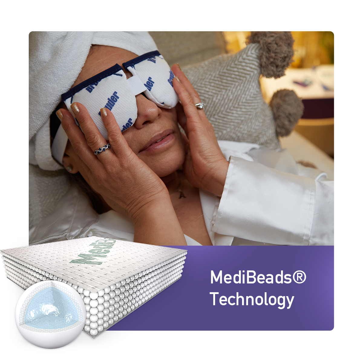 A person wearing a white robe relaxes on a beige couch with white eye masks labeled “MediBeads” on their eyes. The image includes an illustration of the beads and the text “MediBeads® Technology” in the corner.