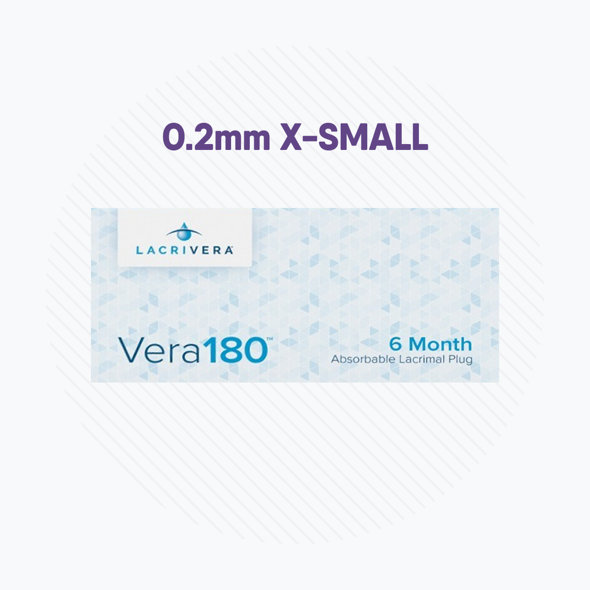 The Vera180 Synthetic Absorbable Lacrimal 180 Day Plugs by Lacrivera, sized 0.2mm X-Small, have a blue geometric design on a white background and provide an effective dry eye treatment solution for six months.