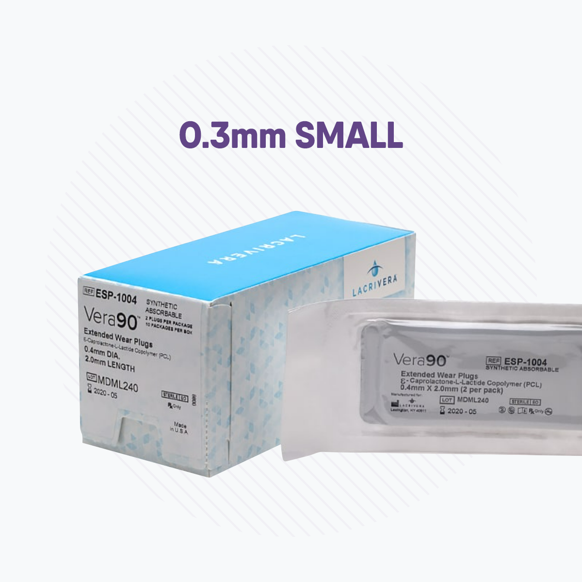 The Lacrivera Vera90 Synthetic Extended Inserts, model ESP-1004, are perfect for post-LASIK care and managing dry eye. With a 0.3mm diameter and 2.0mm length, these absorbable plugs come in a pack of 10 pairs and are branded by Lacrivera.