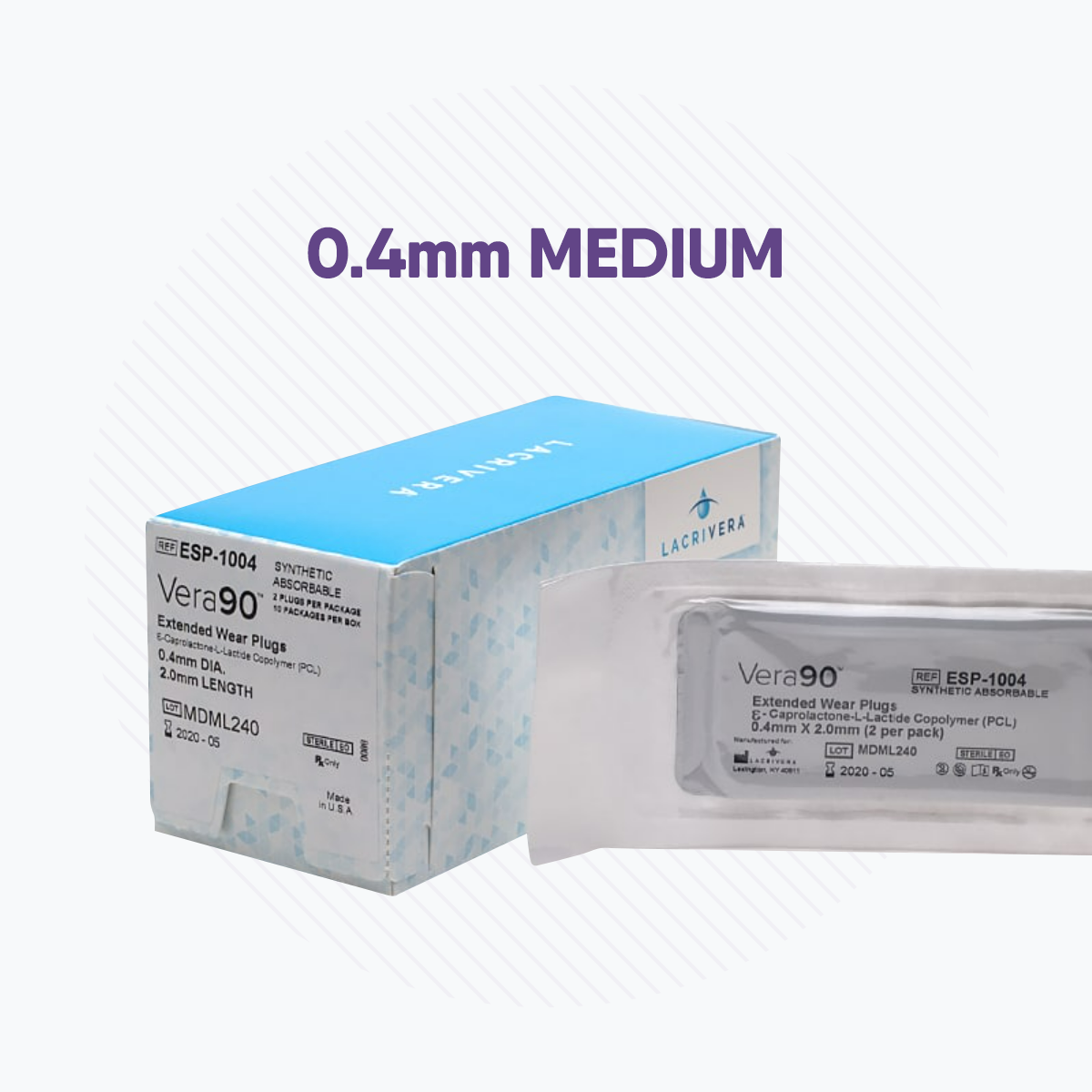 A box of Lacrivera Vera90 Synthetic Extended Inserts (90-Day Plugs) Absorbable (10-Pair), ideal for dry eye management, sits next to an individually packaged plug with 0.4mm MEDIUM prominently displayed and detailed product and size information on the packaging.