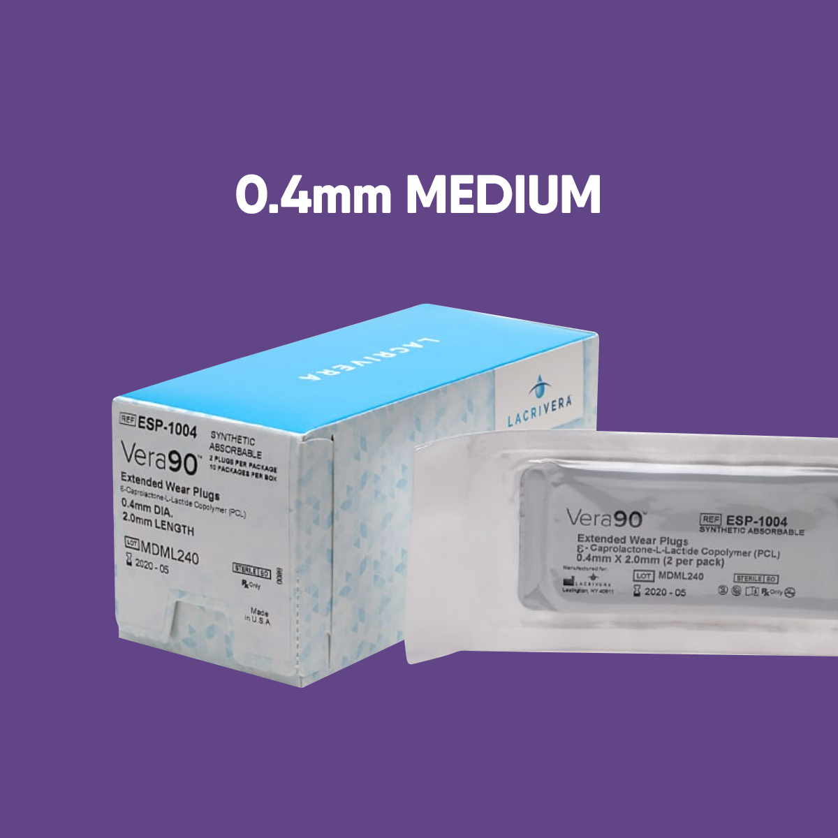 Lacriveras Vera90 Synthetic Extended Inserts (10-Pair) for post-LASIK or dry eye are shown against a purple background. The box label reads 0.4mm MEDIUM, and a single plug package beside it highlights the same details.