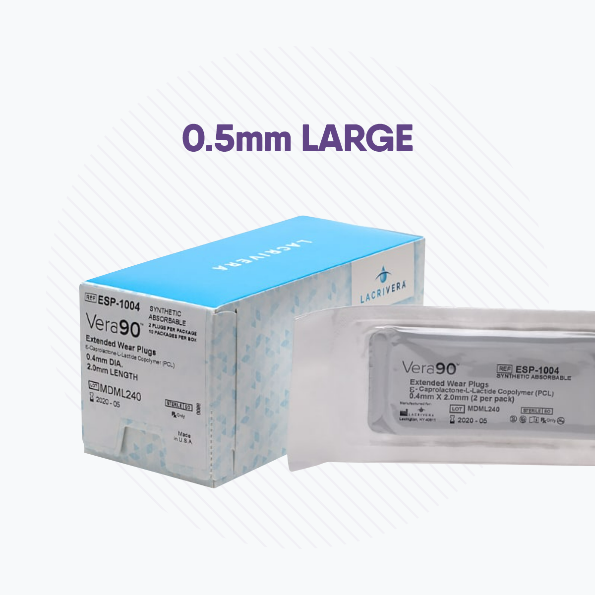 The blue and white packaging and transparent sachet for Lacrivera Vera90 Synthetic Extended Inserts (0.5mm Large) are labeled with product details, helping manage dry eye with absorbable 90-day plugs (10 pairs).