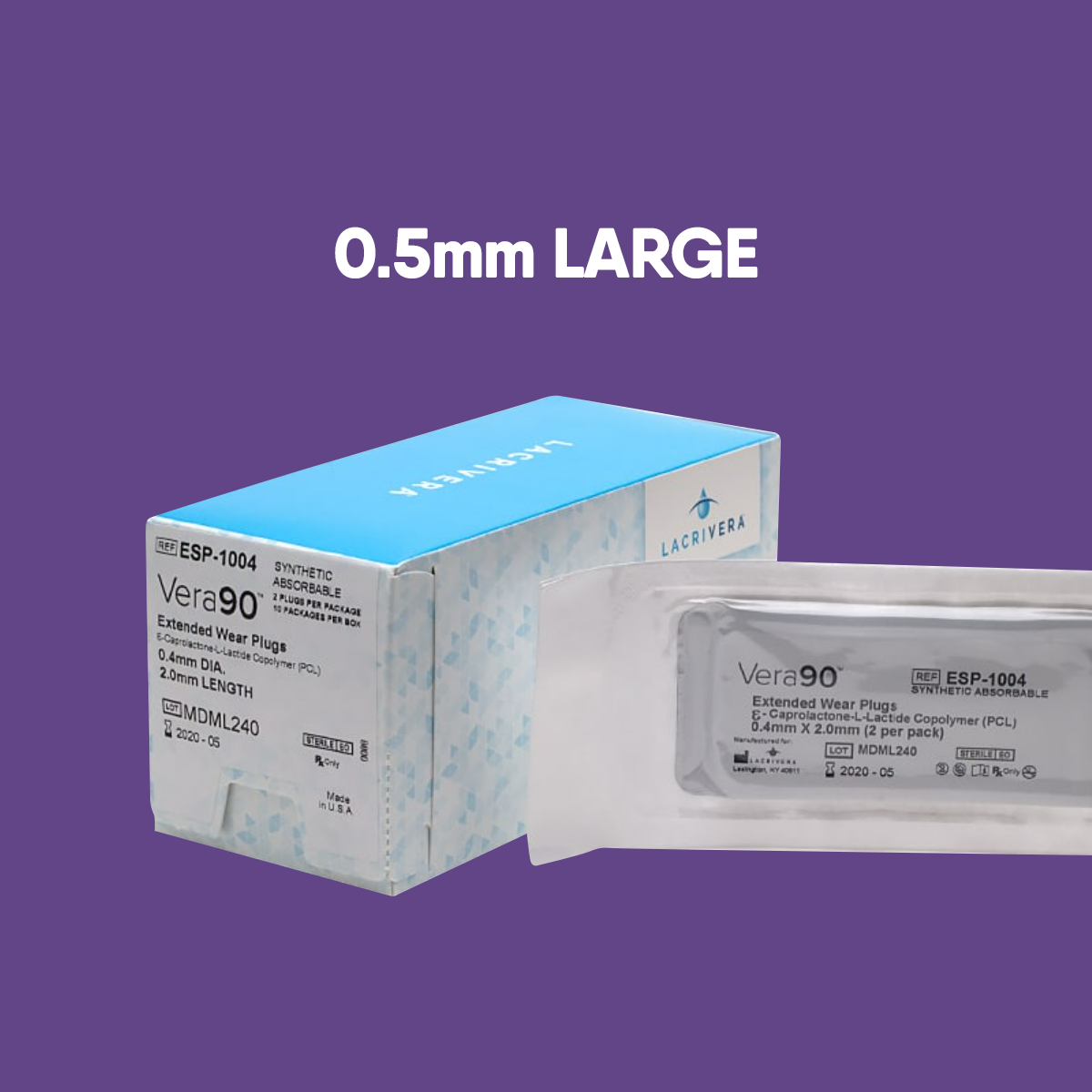 Image of Lacrivera Vera90 Synthetic Extended Inserts packaging against a purple backdrop. The blue box with white text is accompanied by a blister pack, ideal for post-LASIK care. The text 0.5mm LARGE is prominently centered above, catering to those experiencing dry eye symptoms.