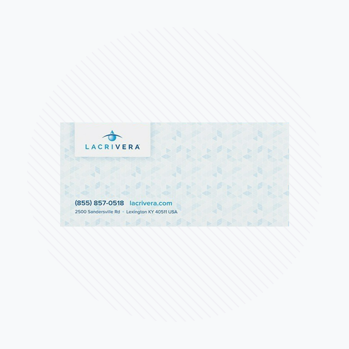A business card for Lacrivera features their logo and contact info—phone, website, and Lexington, KY address—on a background with small triangles reflecting their focus on LASIK and ocular surface diseases.