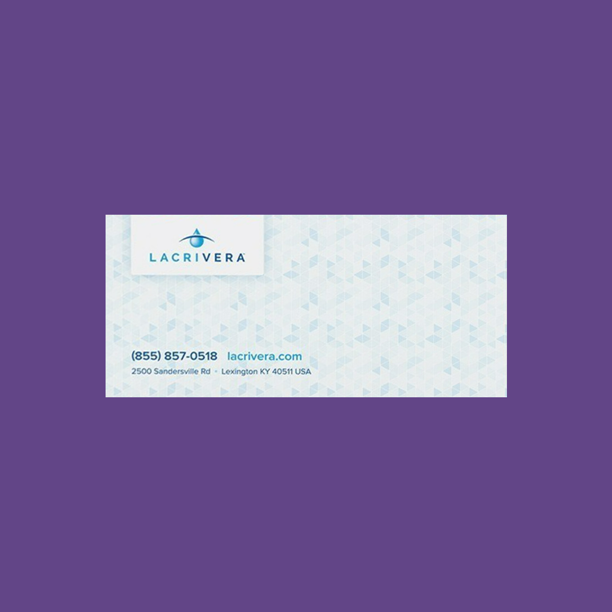 A business card featuring a blue and white geometric background, with a triangle and line logo above Lacrivera, offers contact details including phone, website, and Lexington, KY address. Specializing in ocular surface diseases products like Lacrivera Vera90 Synthetic Extended Inserts (90-Day Plugs).
