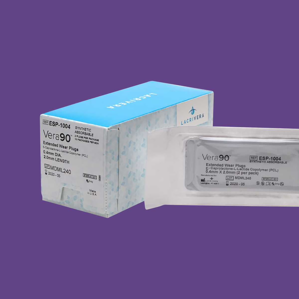 A box and blister pack of Lacrivera Vera90 Synthetic Extended Inserts (90-Day Plugs) Absorbable (10-Pair), perfect for post-LASIK care and managing dry eye, are displayed against a purple background with packaging showing product details, size, and manufacturing information.