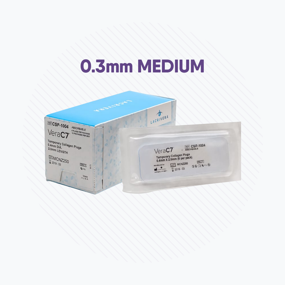 Image of Lacrivera VeraC7 Collagen Plugs packaging. Box and patch pack displayed on white background with purple pattern. 0.3mm MEDIUM text in purple above the box, indicating use for temporary punctal occlusion or dry eye therapy.