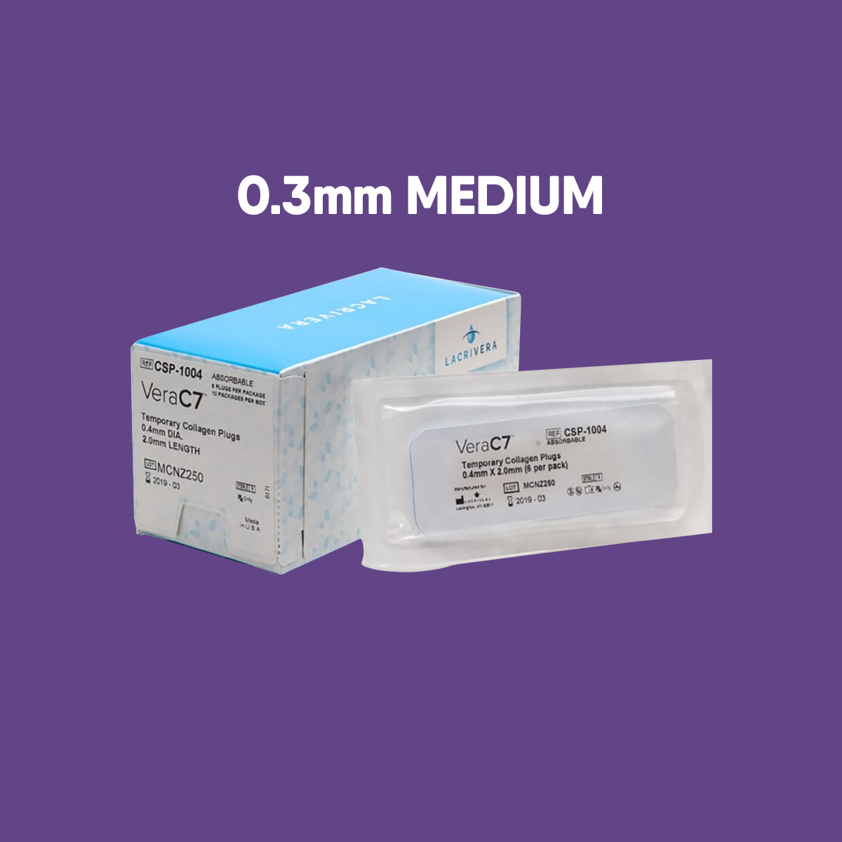 The Lacrivera VeraC7 Collagen Plugs 7 day box displays the solution for temporary punctal occlusion, featuring a single package with 0.3mm MEDIUM highlighted against a soothing purple background—an ideal therapy for dry eyes.