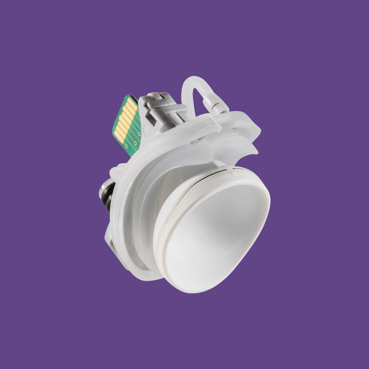 A close-up showcases the LipiFlow™ Activator Clear by Johnson and Johnson, a transparent hearing aid device with a white earpiece and visible electronic components, set against a solid purple background.