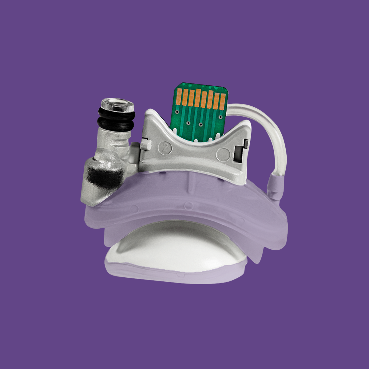 The LipiFlow™ Activator Clear by Johnson and Johnson is a mechanical heart valve featuring digital circuitry on a purple background. It has a curved shape, metallic elements, and an attached cable, blending medical technology with electronic design.