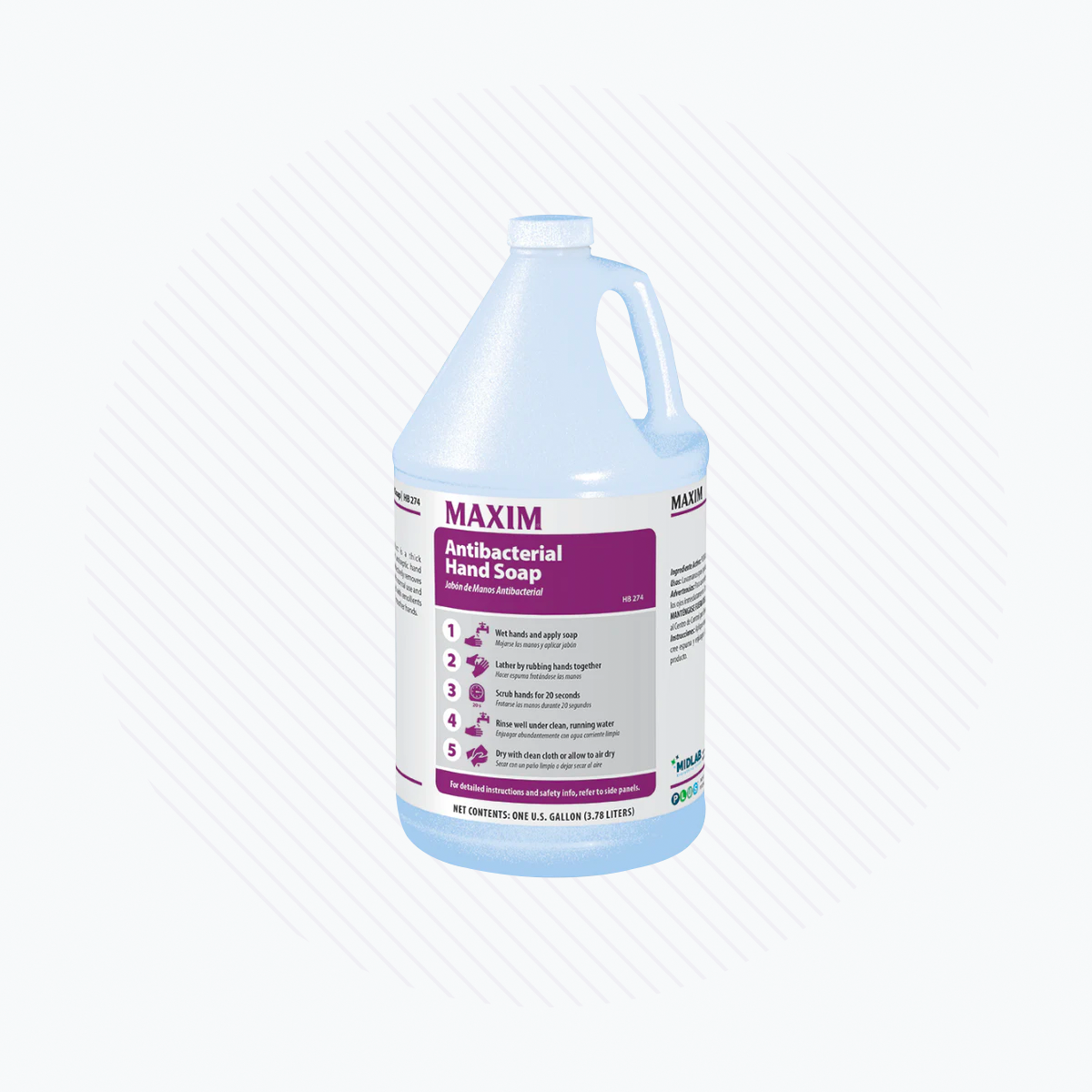 A clear plastic jug labeled Maxim Anti-Bacterial Hand Soap Gallon by Midlab offers effective bacteria removal. It has a purple and white label highlighting benefits, a sturdy handle, a twist-off cap, and holds one gallon (3.78 liters) of soap with emollients for soft skin.