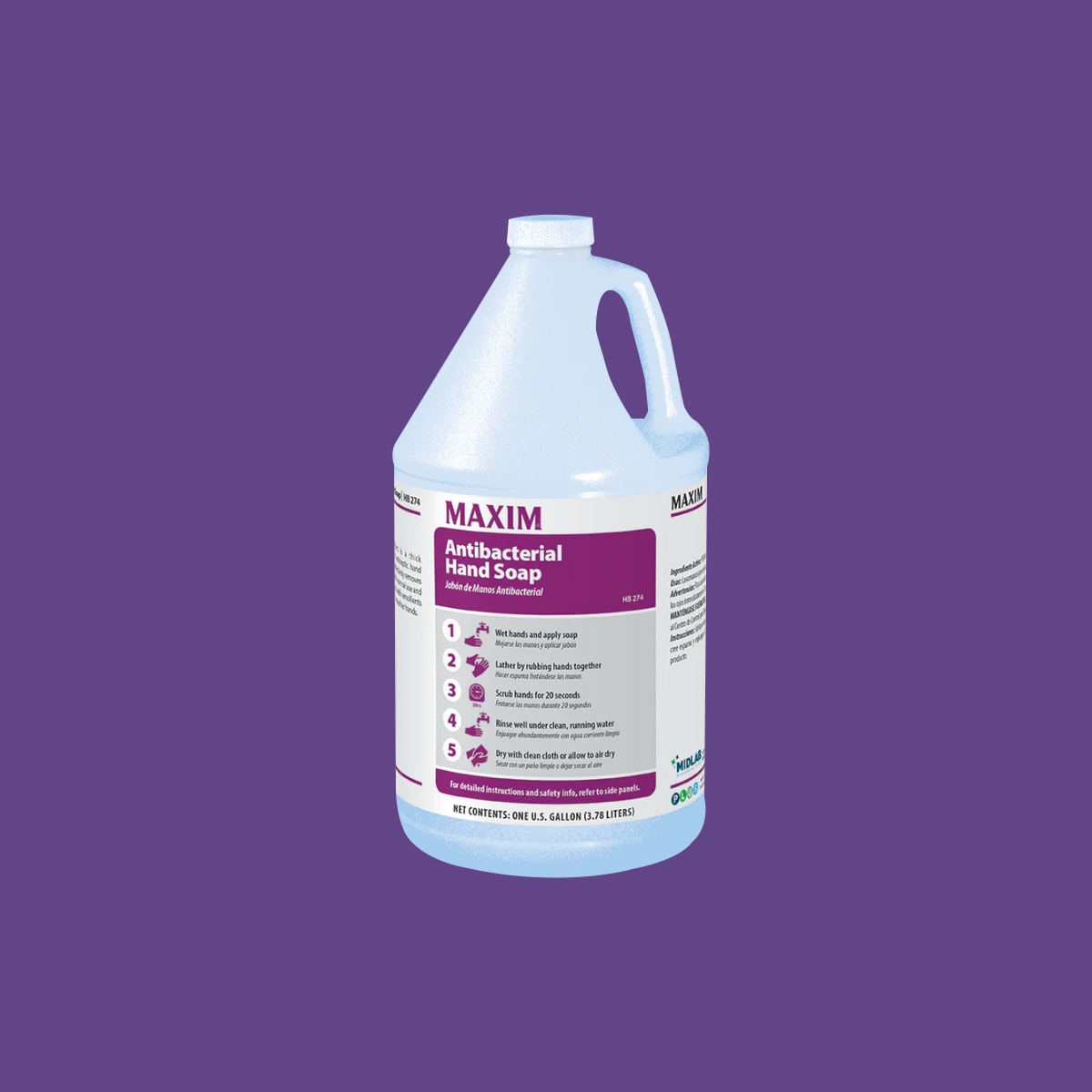 A gallon jug of Maxim Anti-Bacterial Hand Soap by Midlab, with a white handle and purple label, is set against a similar background. Infused with emollients for gentle care, the label provides usage instructions for effective bacteria removal, but specific text is unclear.