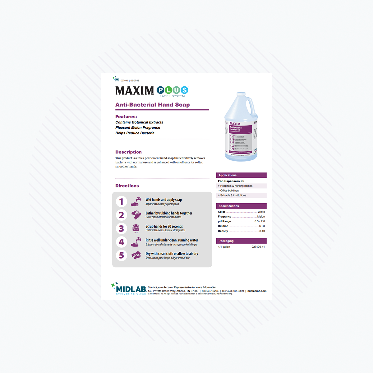 Flyer featuring Maxim Anti-Bacterial Hand Soap Gallon by Midlab includes a bottle image, product details, usage instructions, and contact info. Highlights: botanical extracts for bacteria removal, pleasant fragrance, and nourishing emollients for soft hands.