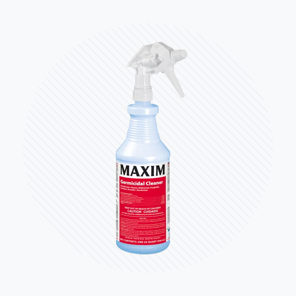 The Midlab Maxim Germicidal Cleaner 3-Pack, featuring a clear spray bottle with a red label, is ideal for hospital use. Designed for mold and mildew control, it includes a trigger spray nozzle and sits against a subtle striped background.