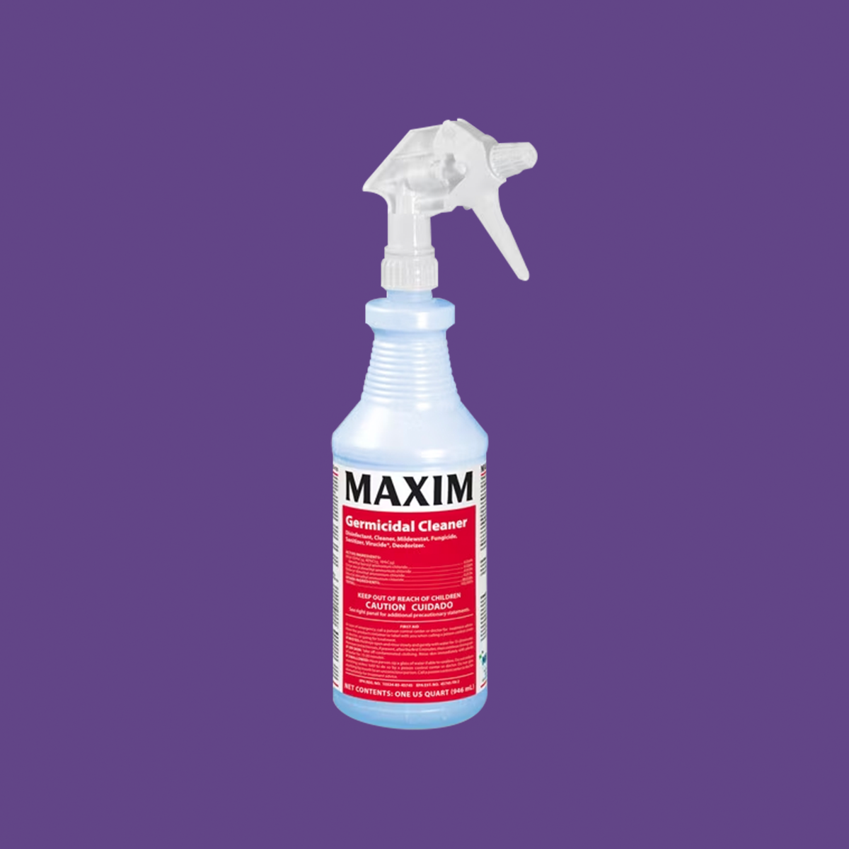 The Maxim Germicidal Cleaner 3-Pack by Midlab features spray bottles with red labels and white text on a purple background, designed for hospital use. Each bottle has a white nozzle and transparent handle, perfect for disinfectant purposes.
