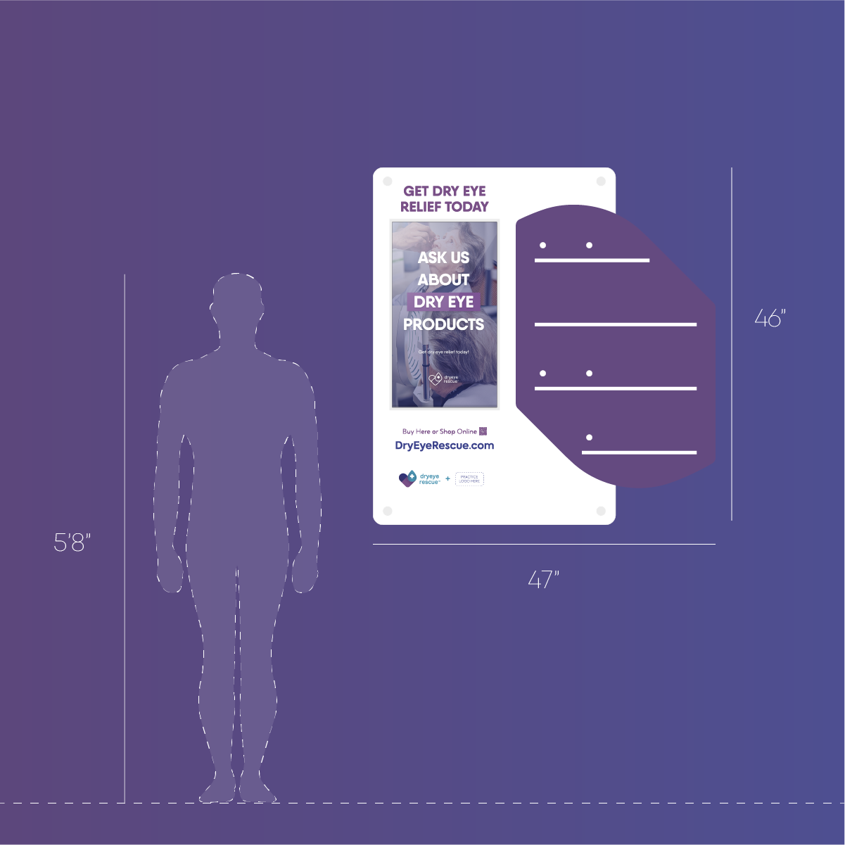 A poster titled Wall Mount Content Display Capture Rate (Medium) by DryEye Rescue highlights dry eye relief products. It measures 46x47 inches, with a 58 person outline for scale, against a blue-purple gradient background.