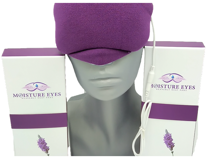 A mannequin head featuring a purple cap is flanked by two packages of Dry Eye Guys Moisture Eyes Heavenly Heat Pads with Infrared Technology. These white and purple packages show a lavender sprig design near an eye logo, with the caps USB cord connecting to its microwave clay beads for soothing warmth.