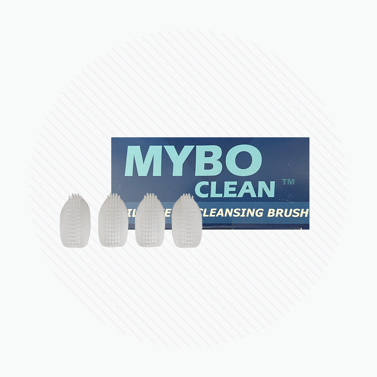 Four textured white cleansing brushes, ideal for makeup removal or eyelid cleansing, are placed beside a blue MYBO CLEAN card featuring THE ULTIMATE CLEANSING BRUSH text. The set offers gentle care against a backdrop of subtle diagonal lines. Product: MyboClean Daily Eyelid Cleaning Brush (Pack of 4).
