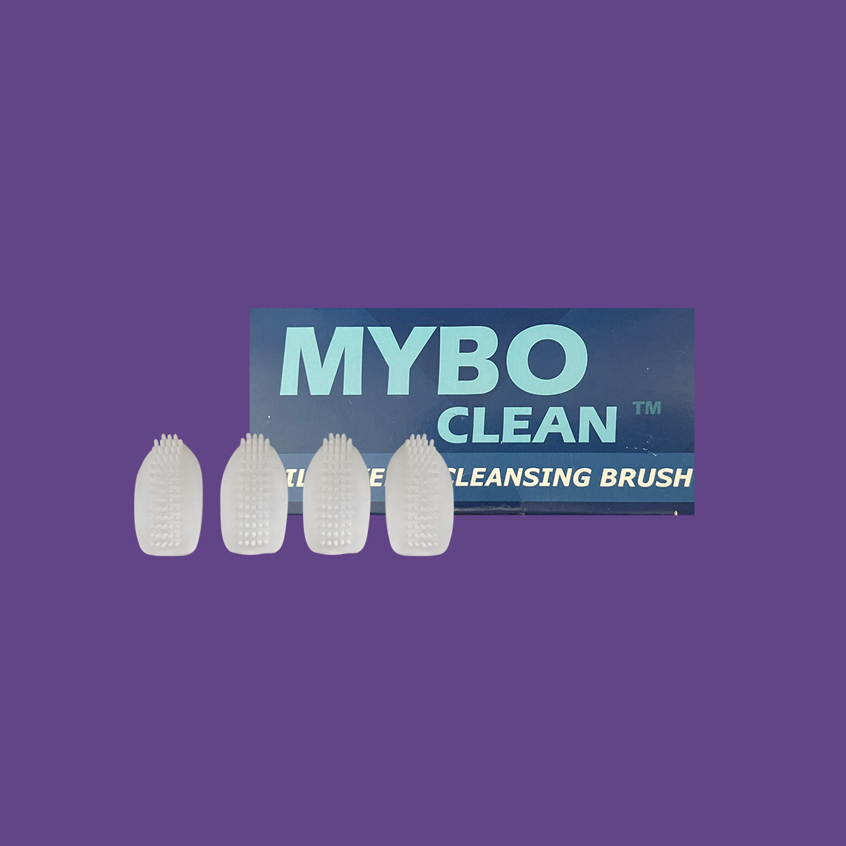 Four white silicone toothbrush heads are arranged in a row on a purple background. Behind them is a blue card displaying “MyboClean Daily Eyelid Cleaning Brush,” ideal for makeup removal or eyelid cleansing.