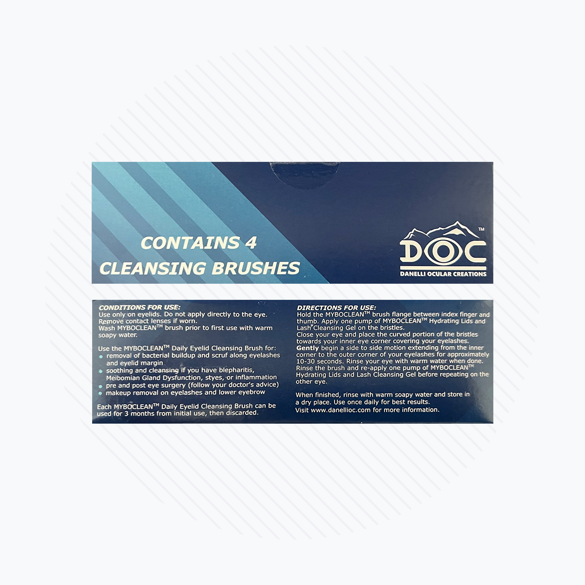 The MyboClean Daily Eyelid Cleaning Brush (Pack of 4) by MyboClean comes in a stylish blue and white package featuring the Danielle Ocean Creations logo. It includes instructions for gentle use around the eyes, perfect for makeup removal, and should be applied with warm water.
