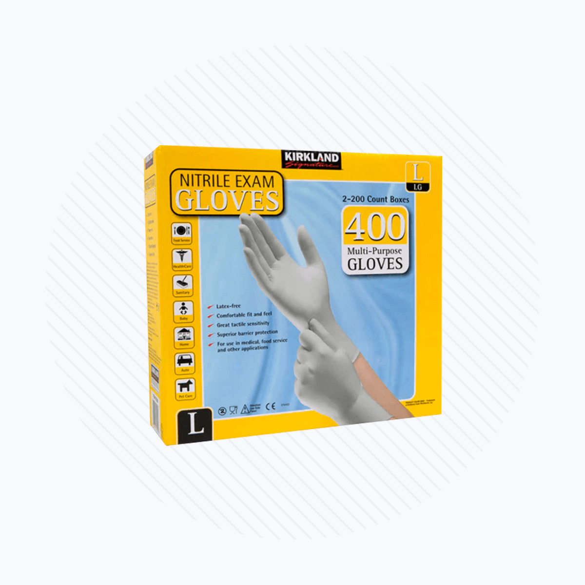 A yellow box titled Kirkland Nitrile Exam White Gloves displays a 400-count pack of latex-free gloves. The image shows hands wearing the textured, comfortable gloves. An L indicates the large size.