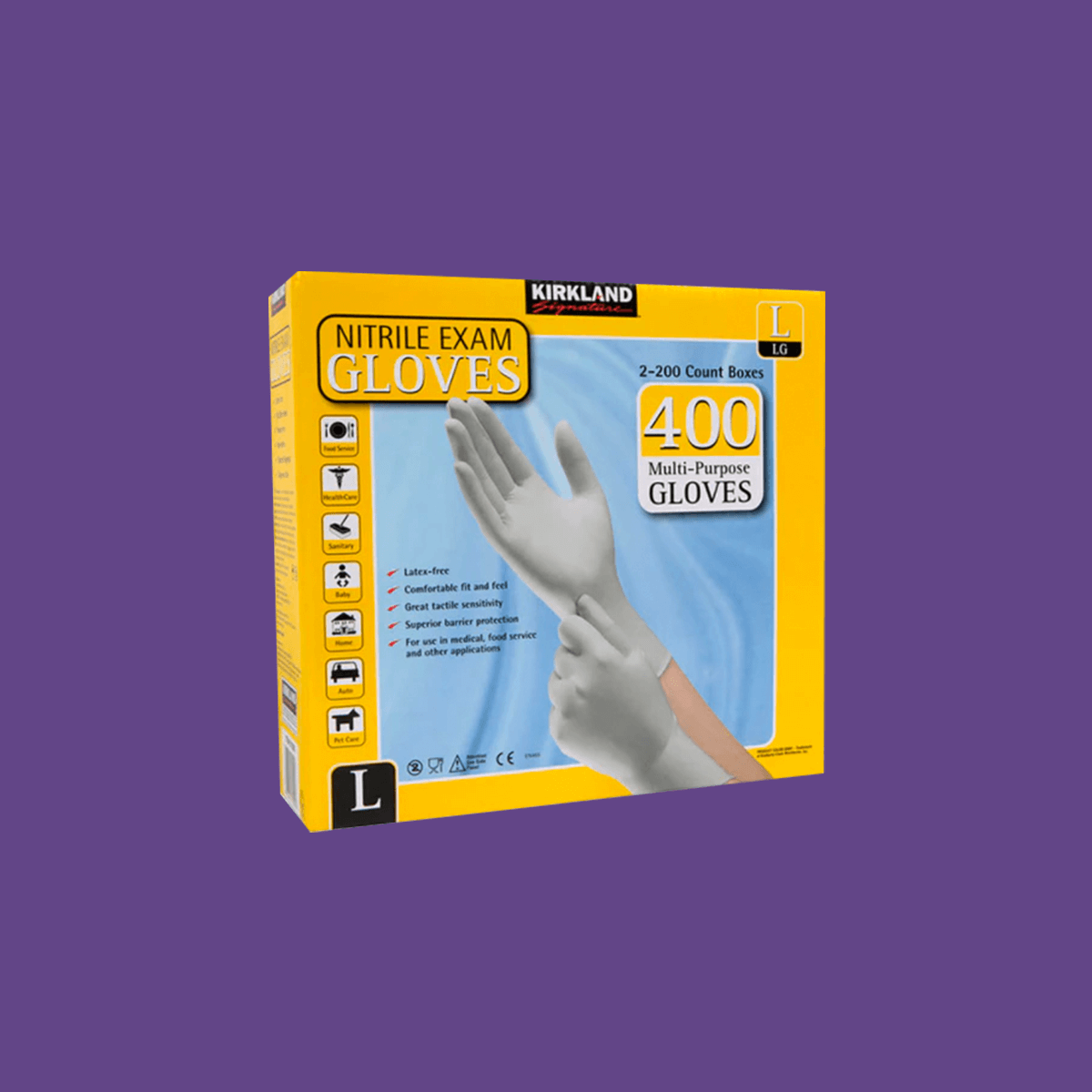 Kirkland Nitrile Exam White Gloves in a yellow and blue box on a purple background, featuring hands wearing latex-free gloves. The text reads 400 Multi-Purpose Gloves size L. Icons emphasize versatile applications. 2-Pack of 200, totaling 400 count gloves.