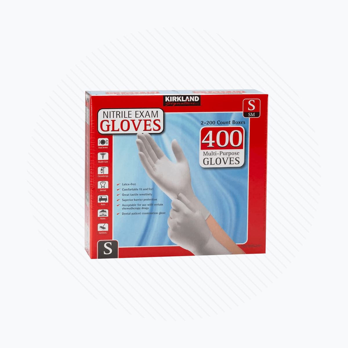 A 400-count, 2-pack of size small Nitrile Exam White Gloves by Kirkland comes in a red and blue box. Latex-free and designed for multi-purpose use, the packaging features an image of gloved hands to emphasize versatility.