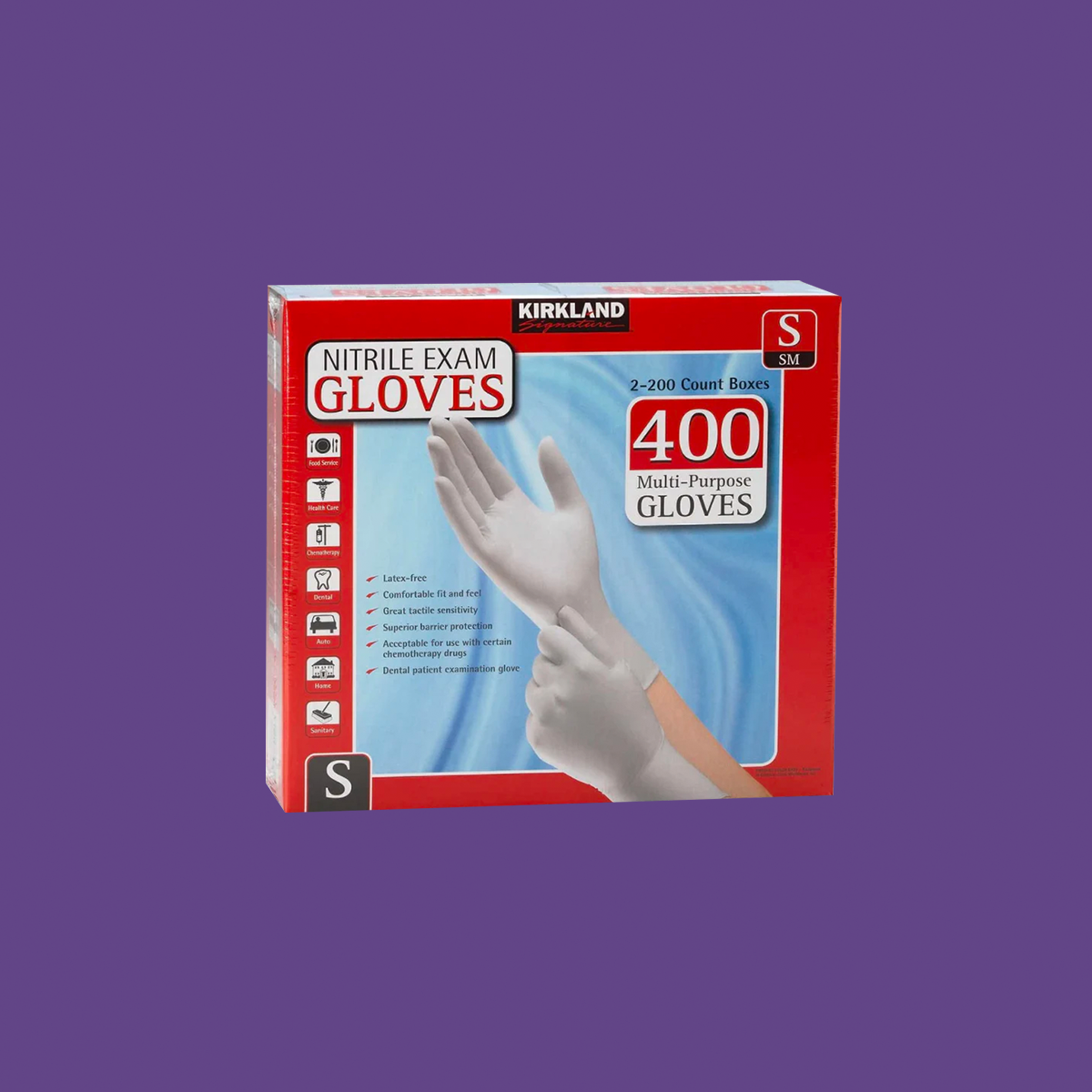 A packaging of Kirkland Nitrile Exam Gloves, size small, contains 400 multi-purpose white gloves. The box highlights the latex-free, powder-free benefits with icons and features hands wearing these gloves.