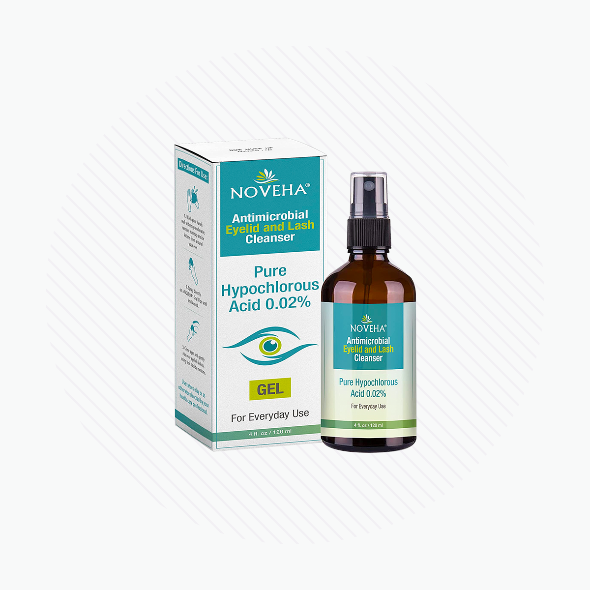 The NOVEHA Eyelid and Lash Gel Cleanser, a brown 120mL spray with 0.02% Hypochlorous Acid, provides gentle care for dry eyes. The matching box features eye and water droplet illustrations, making it perfect for sensitive skin.