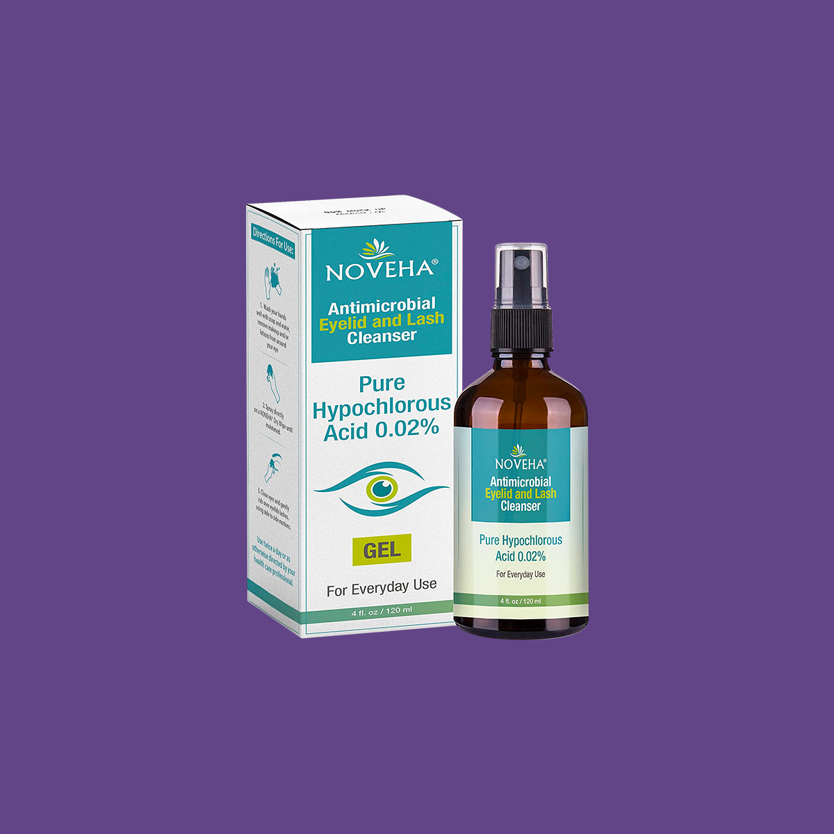 A Noveha Eyelid and Lash Gel Cleanser with Hypochlorous Acid 0.02% spray, in white and teal packaging with eye graphics, sits against a purple background; designed for sensitive skin, the bottle contains 120mL (4oz).