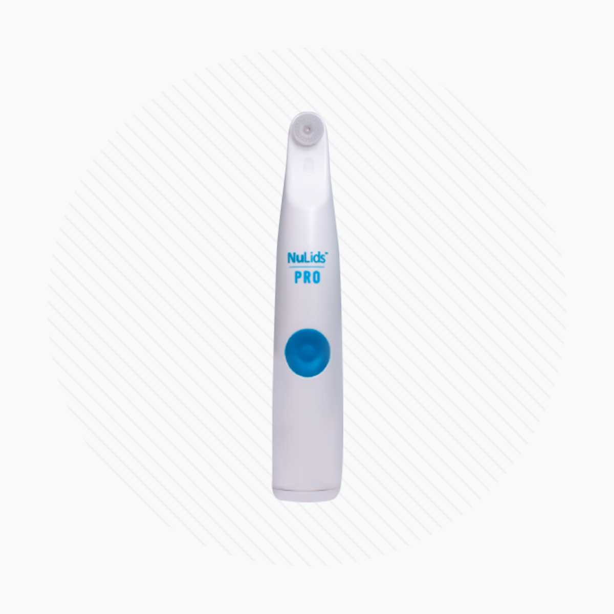 The NuSight Medical NuLids Pro In-Office Eyelid Cleaner for Blepharitis/Demodex is a white handheld device offering effective dry eye care. It has a center button and NuLids PRO in blue, standing against a light striped background.
