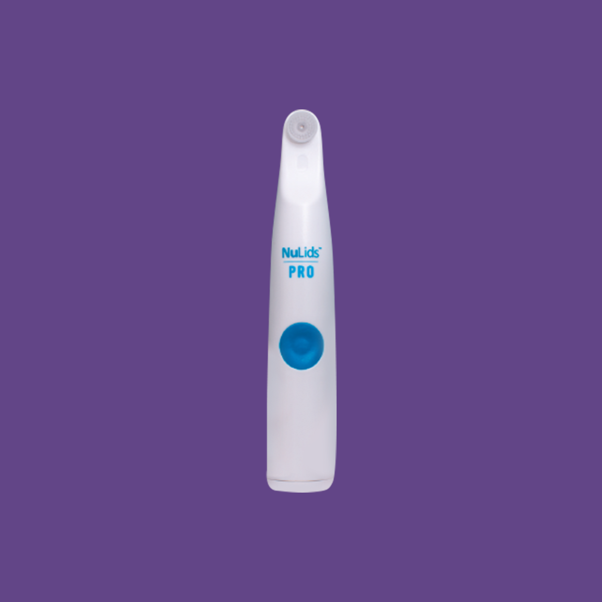 The NuLids Pro In-Office Eyelid Cleaner for Blepharitis/Demodex by NuSight Medical stands elegantly upright on a purple background. This cylindrical device, featuring a blue button near its base and a small circular cleaning tip at the top, offers innovative dry eye care.