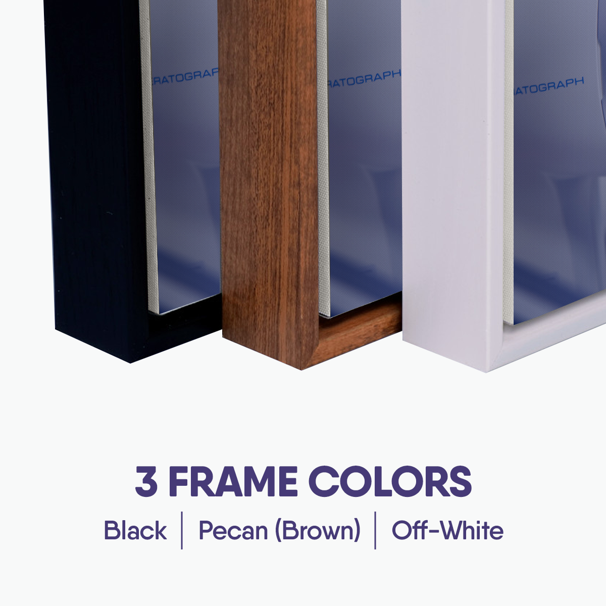 Three frame colors are displayed for the DryEye Rescue Framed Canvas: black, pecan (brown), and off-white, with the product titled Framed Canvas Now Offering Dry Eye Products.