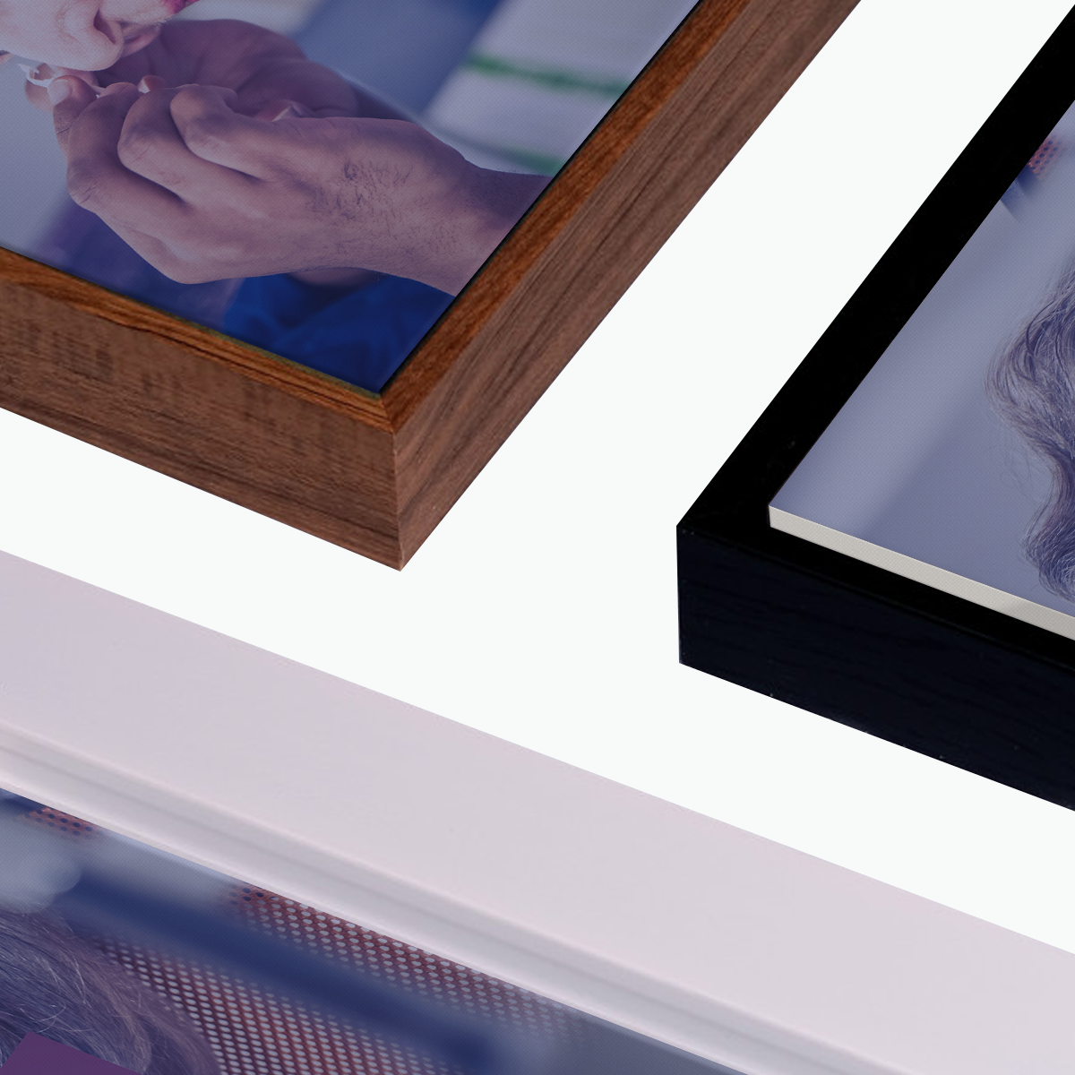 Close-up of three framed canvases from DryEye Rescues Framed Canvas Now Offering Dry Eye Products. The left wooden frame shows hands, the black middle frame features part of a face, and the bottom frame is partially visible with an out-of-focus image—all set against a white background.
