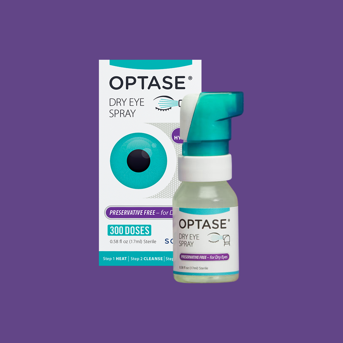 A bottle of Optase Lubricant Spray with a teal and white pump is beside its packaging on a purple background. The package showcases 300 doses, 0.5 fl oz, and Preservative Free – for Dry Eye, offering relief from dry eye disease, as part of the Optase Dry Eye Kit with mask and wipes.