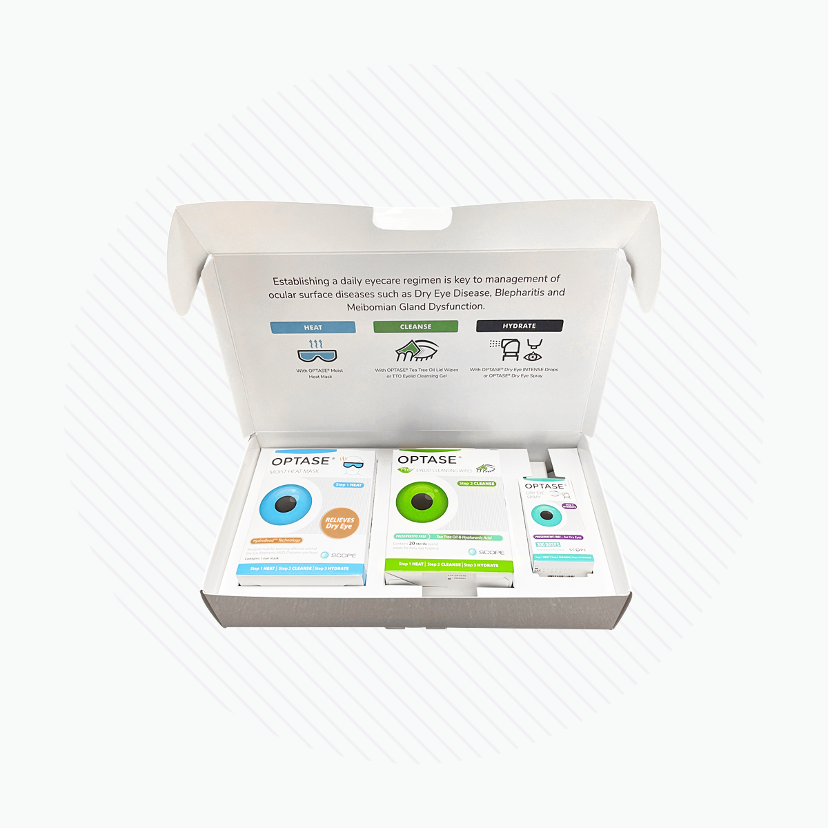 An open white box shows the Optase Dry Eye Kit, including a heat mask, Tea Tree wipes, and lubricant spray. The box emphasizes the importance of a daily eye care regimen for effectively managing Dry Eye Disease.