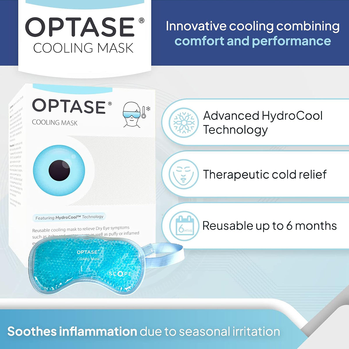 Packaging and promotional image for the Optase Cooling Mask for Allergies and Puffy Eyes. Descriptions: Innovative cooling combining comfort and performance, Featuring HydroCool Technology, Therapeutic cold relief, and Reusable up to 6 months. Enjoy effective dry eye relief with this blue mask.